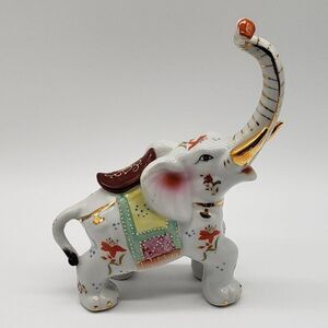 Good Luck Happy Vintage Elephant Trunk Up Pink Ears Porcelain Figurine